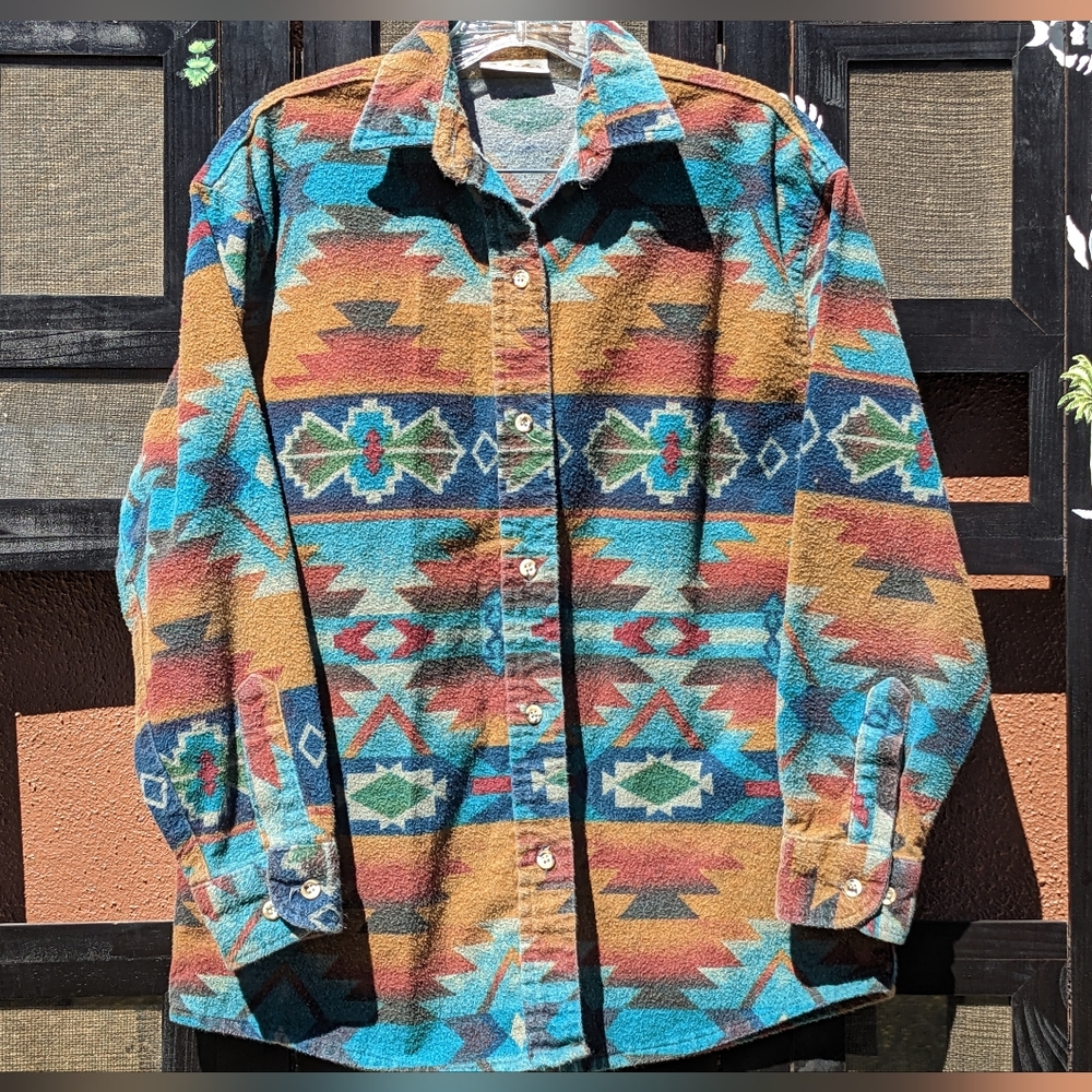 cabelas southwestern print jacket womens blue orange green Medium longsleeve